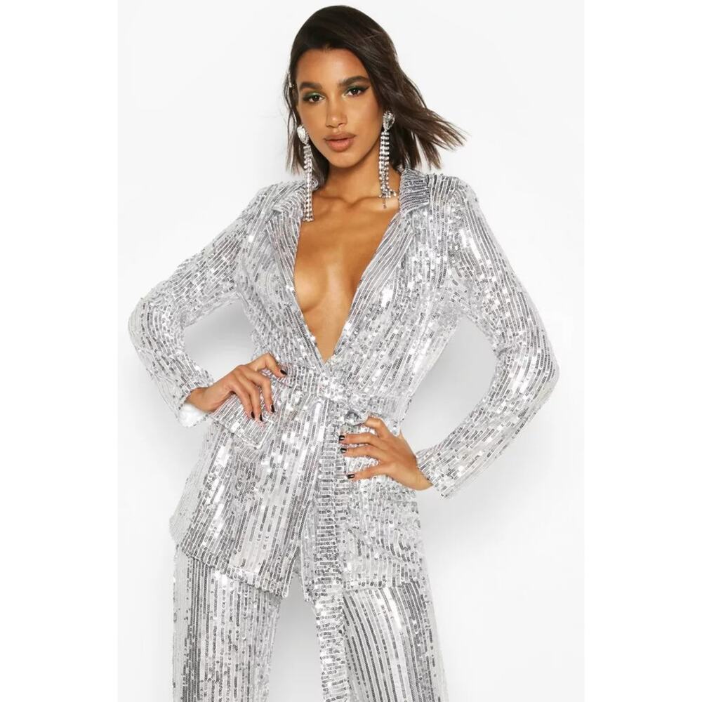 Boohoo Sequin Tie Belt Blazer Silver Women's Size 8